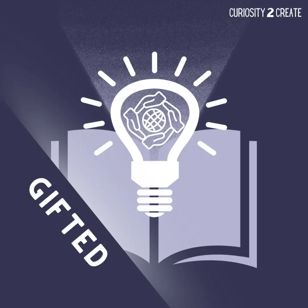 Lightbulb icon with diverse hands holding a globe above an open book, representing culturally responsive gifted education.